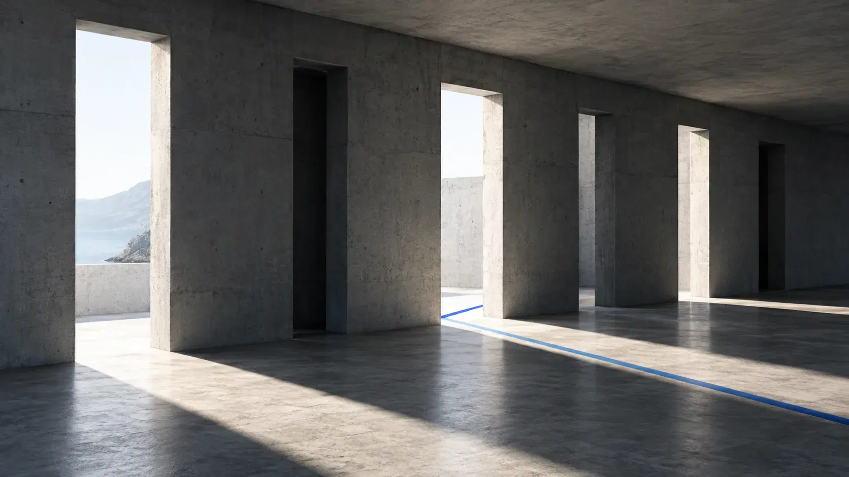 Concrete apertures admit bands of daylight beside shaded openings, representing opportunities for broader AI visibility