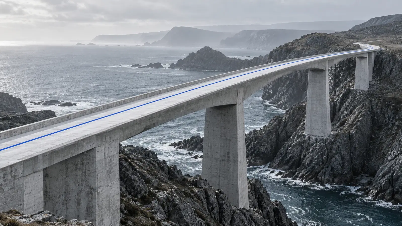 A pale concrete bridge supported by stone-set piers crosses a rocky coastline, with a thin blue line tracing the path ahead.
