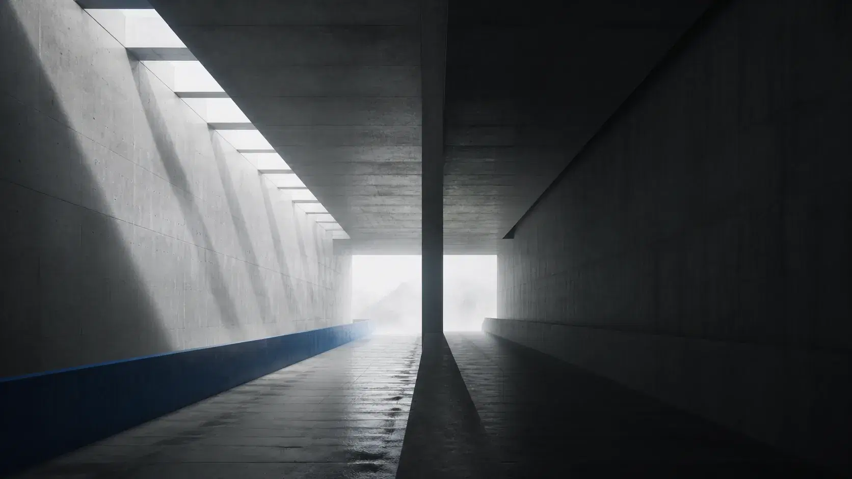 Two architectural paths converging toward a bright opening, representing competing businesses entering an AI answer