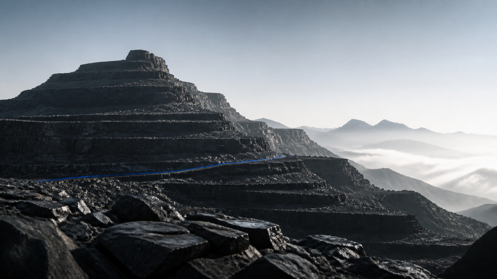 Layered mountain ridges moving from dark foreground to a clear horizon, representing ordered priorities